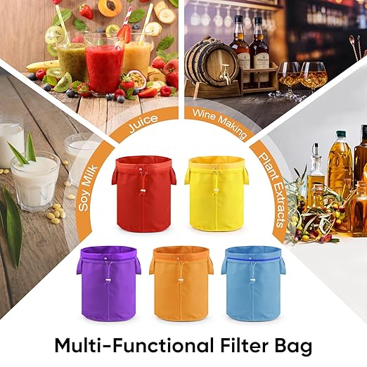 5 Gallon Filter Bag, 5 Pack Mesh Filter Bags with Handle 25-220 Micron Bags for Hydroponics, Brewing, Gardening, Reusable Straining Bag with Filter Screen and Storage Pouch