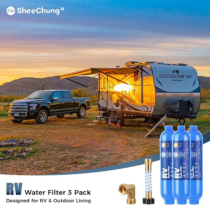 SheeChung RV Water Filter, NSF Certified, 3 PACK Inline Hose Water Filter with Brass 90 Degree Hose Elbow and Flexible Hose Protector, for RV, Boat, Camping – Reduces Odors, Bad Taste, Chlorine, Rust