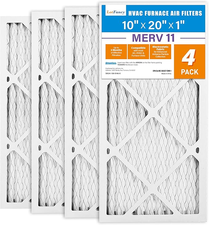 LotFancy 10x20x1 Air Filter MERV 11 4-Pack, Electrostatic Pleated AC Furnace Air Filter, Captures Dust, Smog & Pet Dander, Actual Size: 9.75"x19.75"x0.75"