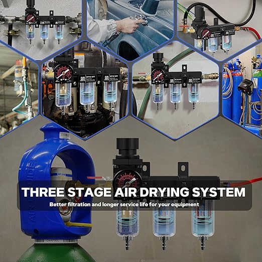 NEWPO 1/4" NPT Air Drying System,Air Filter Pressure Regulator for Spray Guns and Pnuematic Tools, Air Dryer for Compressor, 5&0.5&0.01 Micron Filter Cartridge,Semi-Auto Drain (Black)