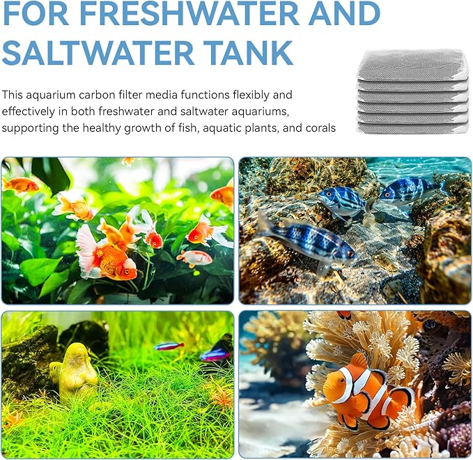 6 Pack Aquarium Activated Carbon Bags, Chemical Aquarium Filter Media, Activated Charcoal Fit for Marineland All C-Series and Magniflow Canister Filters, Rite-Size S, T and X, Fish Tank Carbon Filte