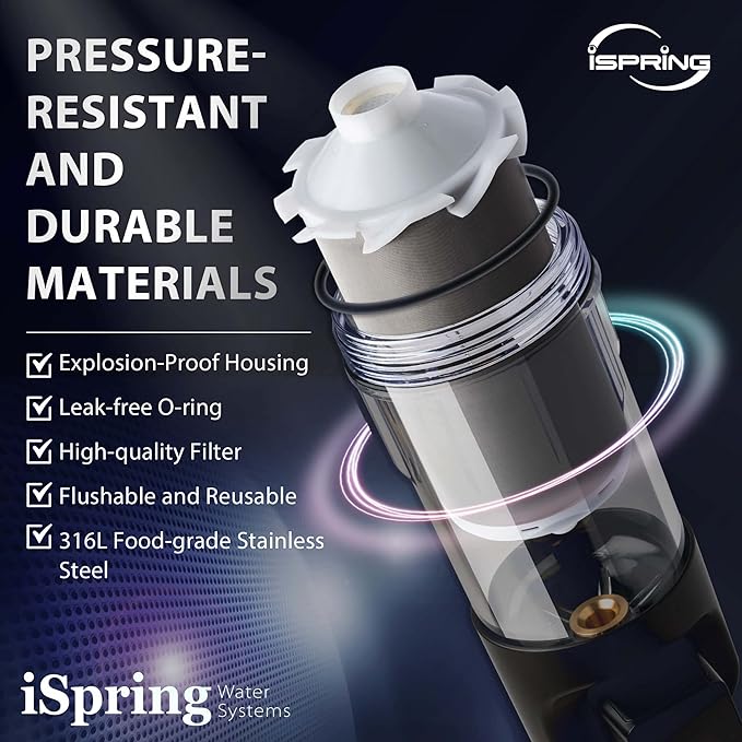 iSpring WSP100ARJ-BP, NSF Certified, Whole House Spin-Down Sediment Water Filter with Bypass, Clear Housing, Jumbo Size, Flushable and Reusable, Touch-Screen Auto Flushing, 4 Modes, 100 Microns