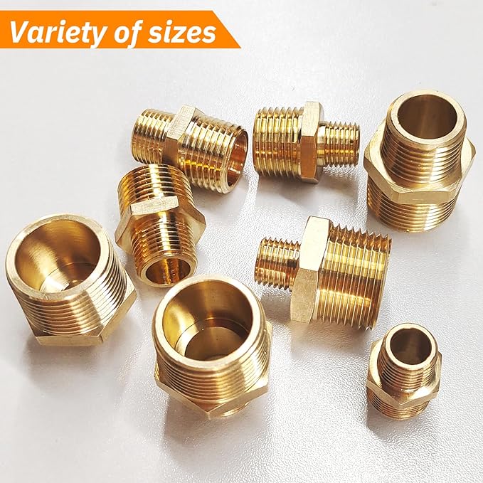 2pcs 1/2" NPT x 3/8" NPT Brass Nipple, 1/2 to 3/8 Adapter Fitting Reducing Solid Hex Nipple, Brass 1/2 Male to 3/8 Male Reducer Pipe Fittings for Extending and Connecting Pipes