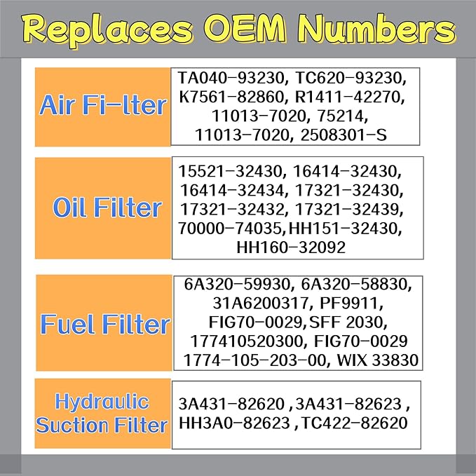 Filter Maintenance Kit TA040-93230 HH164-32430 6A320-59930 HH3A0-82623 Air/Oil/Fuel/Hyd Fit for K-bota L3800 L3700SU L3400 L3200 L2800 L2501 Tractors