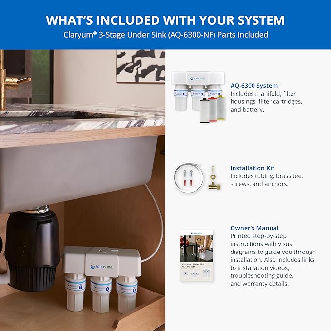 Aquasana Under Sink Water Filter | 3-Stage Claryum Filtration | Reduces up to 99.99% of 78 Contaminants Including PFAS, Lead, & Chlorine | Under Counter Drinking Water Filter | AQ-6300-NF