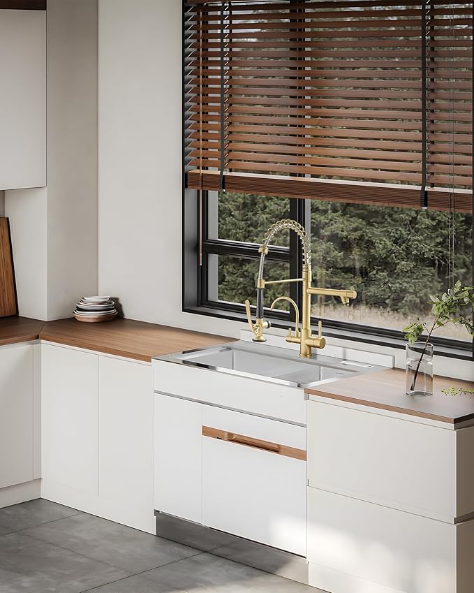 Fapully Commercial 3 Way Kitchen Faucets with Pull Down Sprayer and Water Filler,3 in 1 Kitchen Sink Faucet with Drinking Water Faucet Brushed Gold