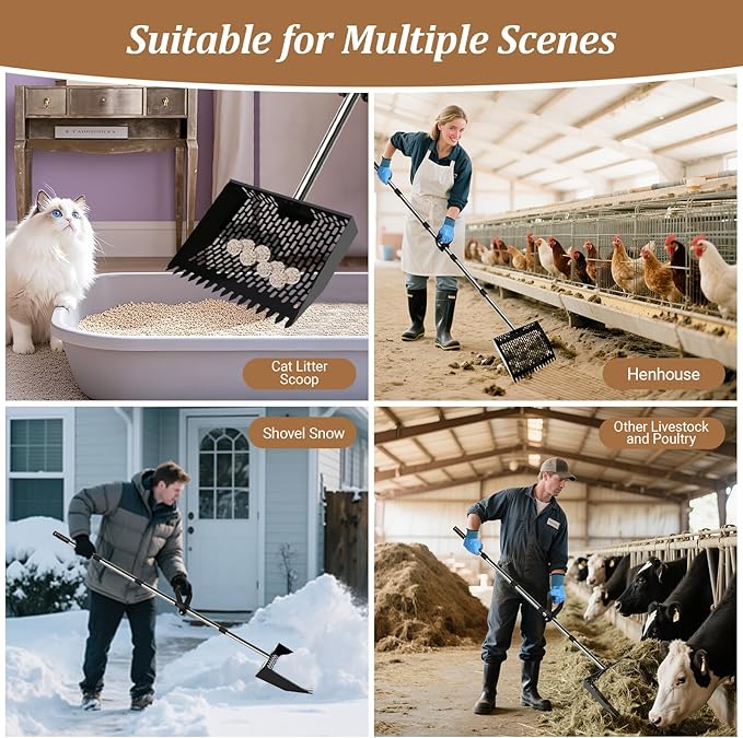 12-Inch Heavy Duty Chicken Poop Scooper & Rake 2-in-1 with 36-77" Adjustable Stainless Steel Handle Ergonomic Metal Sifting Shovel for Chicken Coop, Goat Stall,Animals House Cleaning