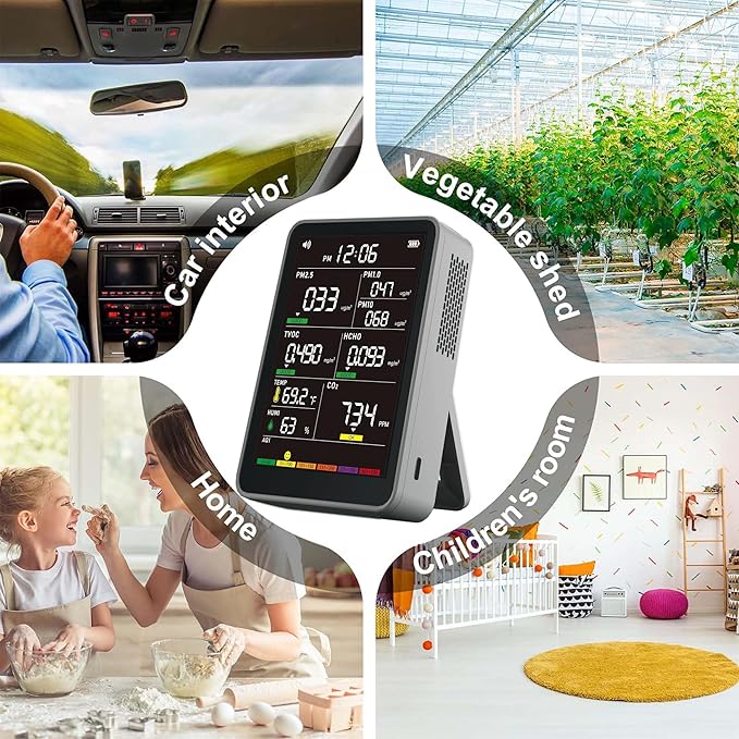 Professional Indoor Air Quality Monitor with AQI, Portable Real-Time Detector for Home Cars Plants and Pets (Gray)
