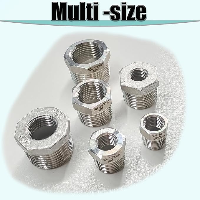 1" Male to 1/2" NPT Female Hex Bushing Reducer, 304 Stainless Steel NPT Reducing Adapter Pipe Fitting, Heavy Duty Pipe Hex Bushing for Reducing Pipe (1” MNPT x 1/2” FNPT)