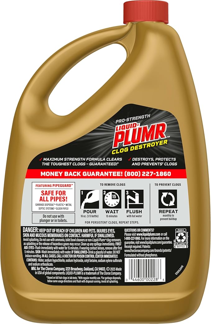 Clorox Liquid-Plumr Pro-Strength Clog Destroyer, Liquid Drain Cleaner, 80 Fluid Ounces (Package May Vary)