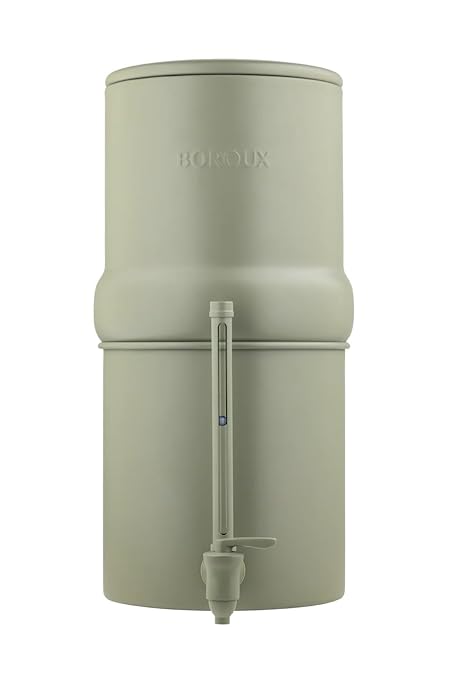 Boroux Compact Gravity-Fed Countertop Stainless Steel Water Filter System | 1.8 Gallons with 2 Authentic Black Foundation. Filters | Sage