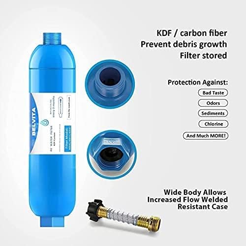 BELVITA RV Inline Water Filter with Solid Brass 90 Degree Hose Elbow, Eliminates Stress and Strain On RV Water Intake Hose Fittings(2 Pack)