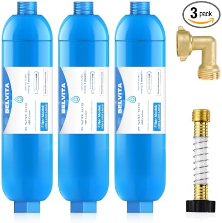 BELVITA RV Inline Water Filter with Solid Brass 90 Degree Hose Elbow, Eliminates Stress and Strain On RV Water Intake Hose Fittings(3 Pack)