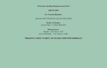 Replacement Air Filter Cleaner For Honda Rancher 350 TRX350TE 2x4 ES 2000-2006 / 2x