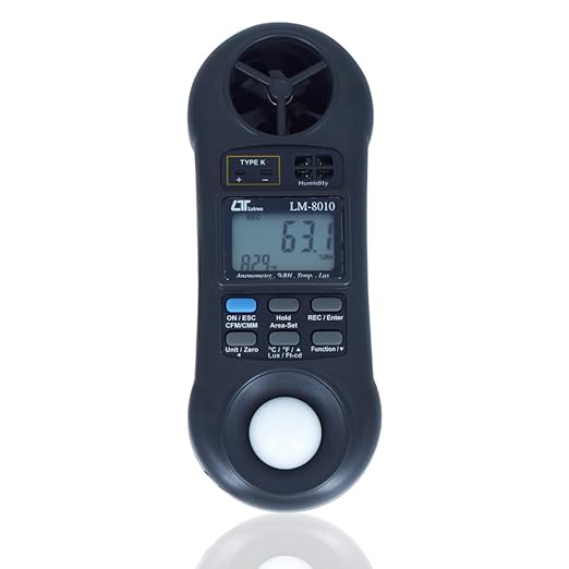 Air Velocity Meter with Temperature, Humidity & Lux Sensors (4 in 1 Anemometer) for Green Houses, AC & Ventilation Ductsby Model: LM-8010