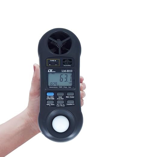 Air Velocity Meter with Temperature, Humidity & Lux Sensors (4 in 1 Anemometer) for Green Houses, AC & Ventilation Ductsby Model: LM-8010