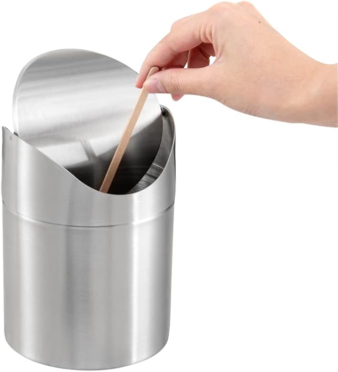 Restaurantware RW Clean 0.4 Gallon Countertop Garbage Can 1 Compact Mini Trash Bin - Swing Top Lid Avoids Rust & Stains Stainless Steel 201 Tabletop Garbage Can For Kitchens & More