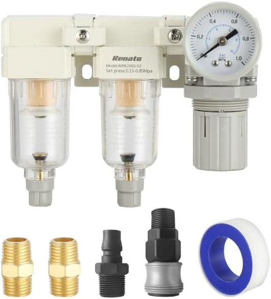 1/4" NPT Three Stage Air Drying System - 5 Micron Particulate Filter Air Pressure Regulator Combo - 0-125psi Gauge, Semi-Auto Drain, Metal Bracket