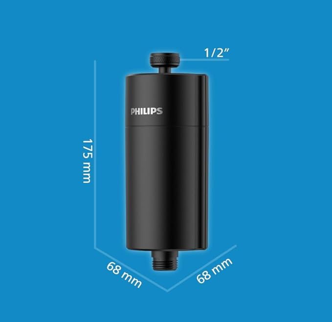 Philips Water in-Line Shower Filter, 50 000 L Filtration Capacity, Black, Reduces Chlorine by up to 99%, Easy to Install, fits All Standard Hoses and taps