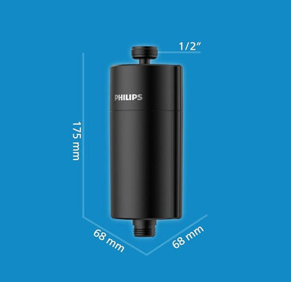 Philips Water in-Line Shower Filter, 50 000 L Filtration Capacity, Black, Reduces Chlorine by up to 99%, Easy to Install, fits All Standard Hoses and taps