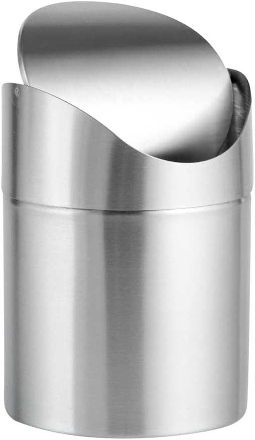 Restaurantware RW Clean 0.4 Gallon Countertop Garbage Can 1 Compact Mini Trash Bin - Swing Top Lid Avoids Rust & Stains Stainless Steel 201 Tabletop Garbage Can For Kitchens & More