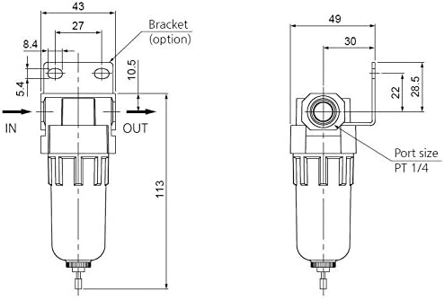 PneumaticPlus SAF200-N02B Miniature Compressed Air Particulate Filter 1/4" NPT - Poly Bowl, Manual Drain, Bracket (Pack of 2)