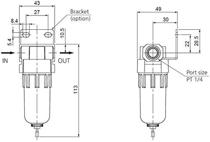 PneumaticPlus SAF200-N02B Miniature Compressed Air Particulate Filter 1/4" NPT - Poly Bowl, Manual Drain, Bracket (Pack of 2)