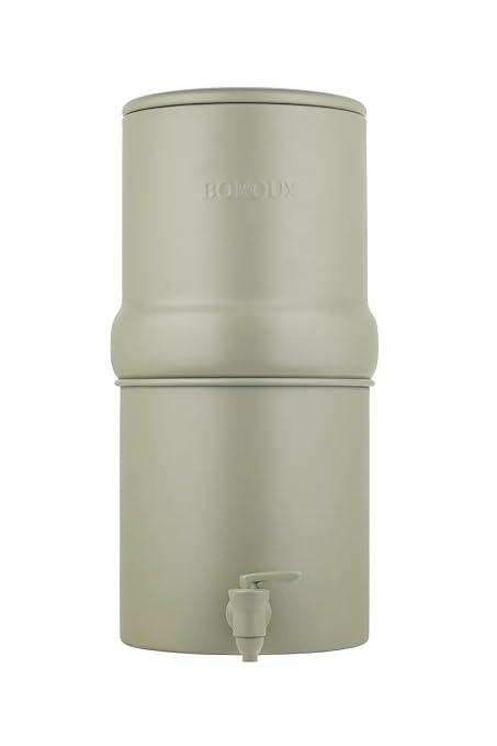 Boroux Compact Gravity-Fed Countertop Stainless Steel Water Filter System | 1.8 Gallons with 2 Authentic Black Foundation. Filters | Sage