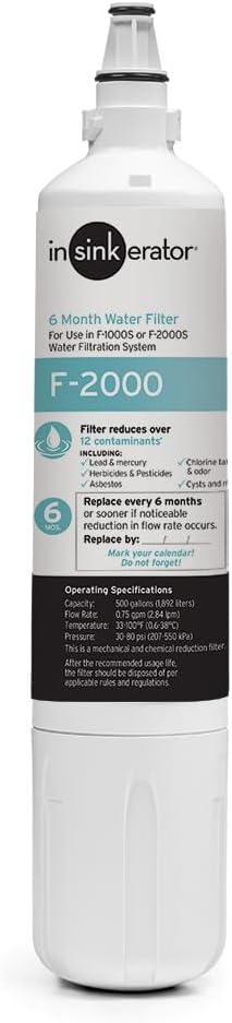 INSINKERATOR F-2000 Under Sink Water Filter Replacement Cartridge for Water Filtration System, VOCs and Lead Filter, 1 Count
