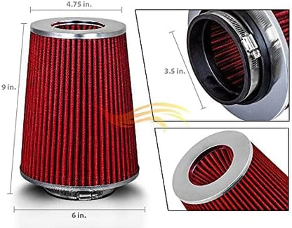 RED 3.5" 89 mm Inlet Truck Air Cone Replacement Performance Washable Clamp-On Dry Air Filter (8" Tall)