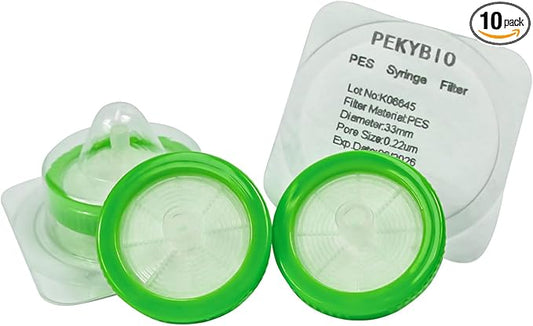 PEKYBIO Sterile Syringe Filter PES Hydrophilic Filtration 0.22μm Pore Size, 33mm Membrane Diameter for Lab, Pack of 10