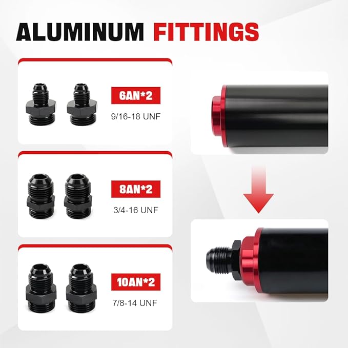 BARTOO Universal 50MM 100 Micron Inline Fuel Filter with 6AN 8AN 10AN Adapter For Filtering Gasoline, Diesel, E85-Red
