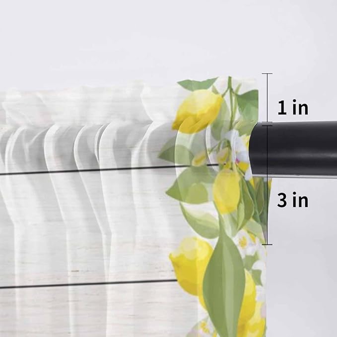 Lemon Dwarfs Sheer Valance Curtains, Gnome Green Leaf Wood Striped Yellow Plaid Light Filtering Kitchen Valances Rod Pocket Voile Curtain Window Treatment for Bedroom/Living Room/Basement 42Wx18L