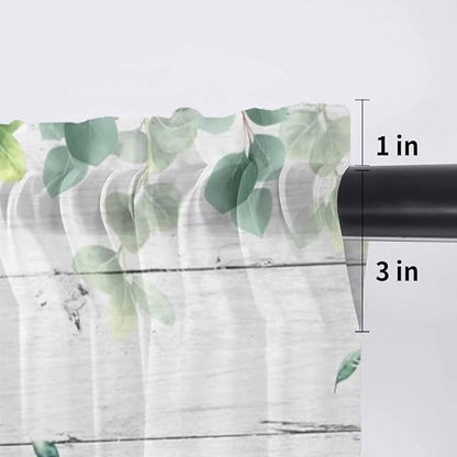 Easter Sheer Valances for Windows 42"x18", Light Filtering Kitchen Curtains Valance, Spring Watercolor Bunny Eggs Flower Leaf Wooden Grey Rod Pocket Chiffon Curtains for Living Room Bedroom Cafe