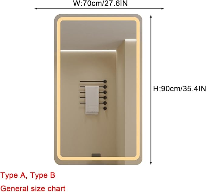 Bathroom Mirror with LED Lights，Bathroom Led Mirror ，Backlit Bathroom Mirror ，Smart Modern Bathroom Vanity Mirror，with Touch Sensor/Demister pad，Adjustable Lights(A,W70*H90cm/W27.6*H35.4IN)