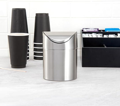 Restaurantware RW Clean 0.4 Gallon Countertop Garbage Can 1 Compact Mini Trash Bin - Swing Top Lid Avoids Rust & Stains Stainless Steel 201 Tabletop Garbage Can For Kitchens & More