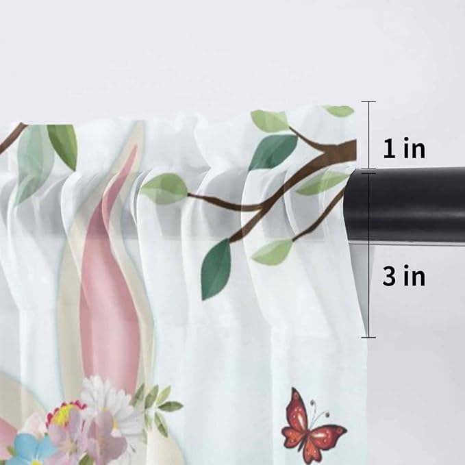 Easter Sheer Valances for Windows 54"x18", Light Filtering Kitchen Curtains Valance, Spring Watercolor Bunny Eggs Tulip Flower Plant Rod Pocket Chiffon Curtains for Living Room Bedroom Cafe