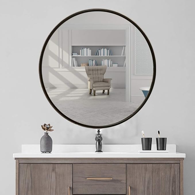 Round LED Bathroom Mirror Demister Pad IP44 Vanity Large Mirror Cold Light Dressing Wall Mirror (Color : Cold Light Size : 60cm) (Black 80cm)