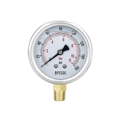 0-160 Psi Lead-Free Glycerin Liquid Filled Low Pressure Gauge, 2.5" Dial Size, 1/4" G Lower Mount, 304 Stainless Steel Case, for Water Pipe, HVAC, Water Oil Air Pressure Test