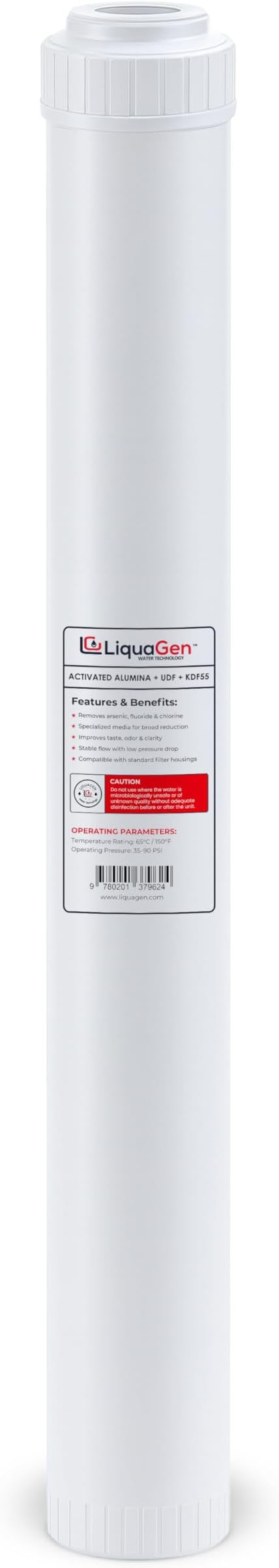 LiquaGen Activated Alumina + Carbon + KDF-55 Replacement Water Filter Cartridge – Helps Manage Fluoride, Chlorine & Taste, Refillable 2.5" x 10", 2.5" x 20", 4.5" x 10", 4.5" x 20" (1, 2.5" x 20")