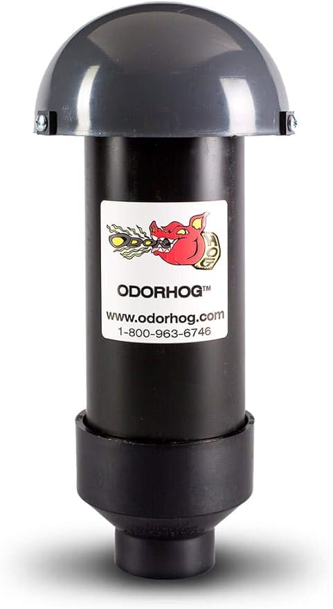 OdorHog Vent Stack Pipe Filter 4 Sizes, Black ABS with Mushroom Cap, Removes Outdoor Septic and Sewer Odors (1.5-inch)