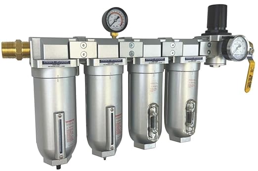 1" NPT Industrial (5-Stage) Moisture Removing Particulate Filter and Oil Removing Coalescing Filter and Two Desiccant Air Dryers and Air Pressure Regulator