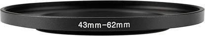43-62mm Metal Step-Up Ring Adapter Compatible with Mirrorless Cameras DSLR Lens, UV CPL ND Filter Thread Converter, Black