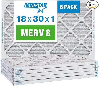 Aerostar 18x30x1 MERV 8 Pleated Air Filter, AC Furnace Air Filter, 6 Pack (Actual Size: 17 1/2" x 29 1/2" x 3/4")