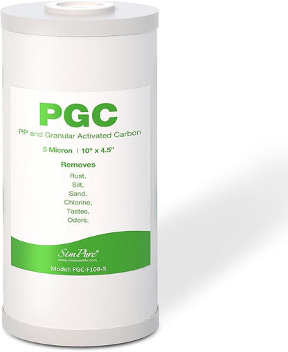 SimPure 5 Micron 10" x 4.5" Sediment and Carbon Whole House Water Filters, PGC Replacement Cartridge for GE FXHTC, GXWH40L, RFC-BB / 155141-43, WRC25HD, WDGD-5005, W10-PR, W15-PR, 1 Pack