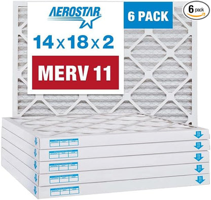 Aerostar 14x18x2 MERV 11-6 Count - Pleated Furnace & Air Conditioner Filters - Removes Dust, Cold & Flu Germs, Lint, Mold, Pet Dander, Allergy-Causing Pollen, Smog & Smoke