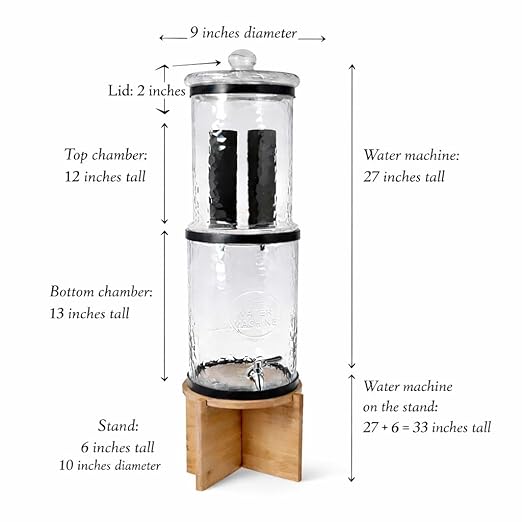 The Water Machine All Glass Purifier - Gravity Fed Water Filtration System with Activated Carbon Filters, Off Grid Emergency & Home Survival Portable Countertop Filter with Wooden Stand - 3 Gallon