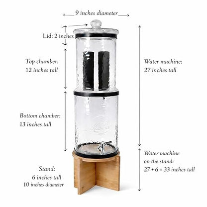 The Water Machine All Glass Purifier - Gravity Fed Water Filtration System with Activated Carbon Filters, Off Grid Emergency & Home Survival Portable Countertop Filter with Wooden Stand - 3 Gallon