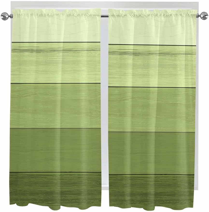 Gradient Green Wooden Board Window Valance Curtains, Retro Country Wood Grain Light Filtering Kitchen Valance with 3-inch Rod Pocket for Living Room Bathroom Bedroom,2 Panel,42x63In