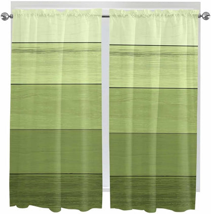 Gradient Green Wooden Board Window Valance Curtains, Retro Country Wood Grain Light Filtering Kitchen Valance with 3-inch Rod Pocket for Living Room Bathroom Bedroom,2 Panel,42x63In